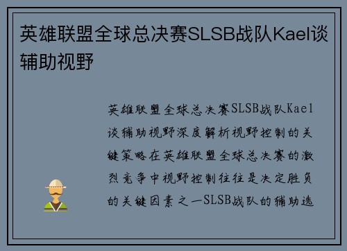 英雄联盟全球总决赛SLSB战队Kael谈辅助视野